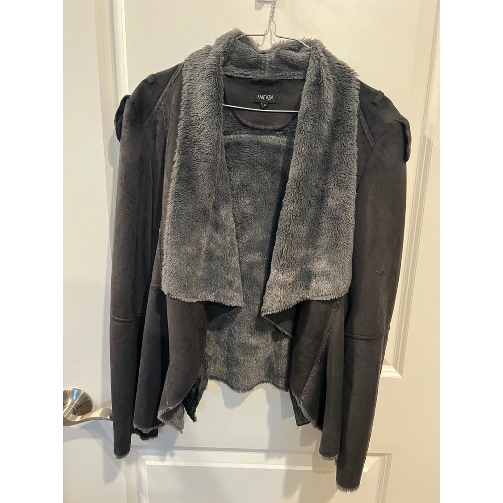 Fantazia Womens Faux Suede Jacket Faux Fur Lined Gray Large
